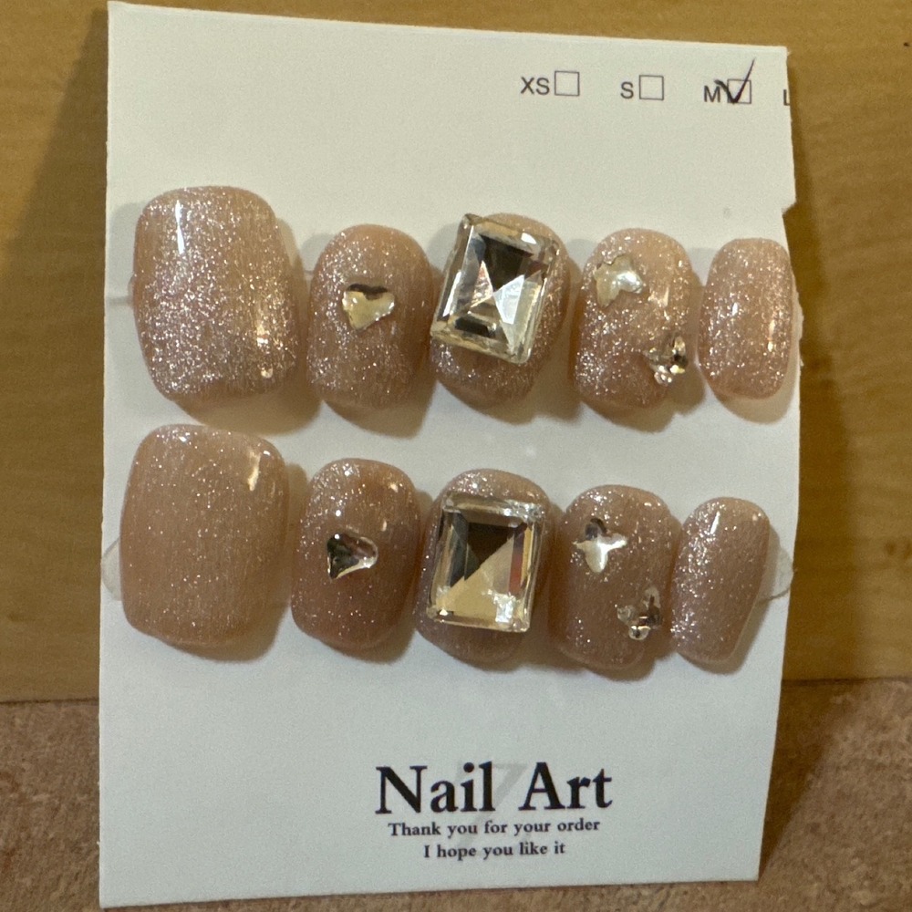 Nail Art Press On Nails Medium Champagne Glitter 3D Rhinestone Heart Butterfly